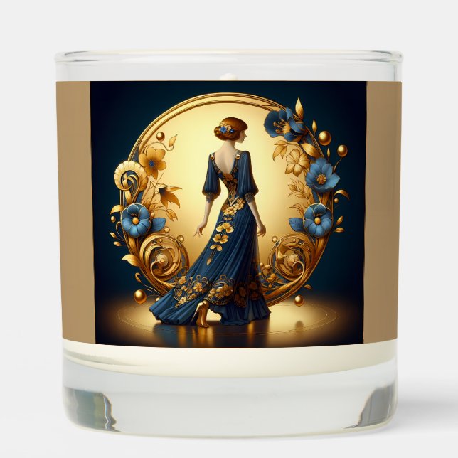 Elegant Art Deco Woman in Gold and Blue Scented Candle (Front)