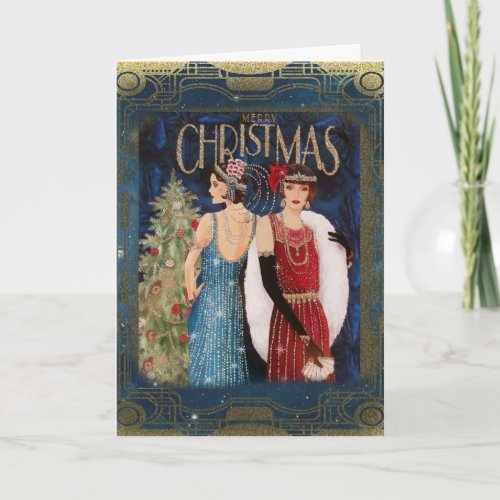 Elegant Art Deo Ladies Celebrate Christmas Card