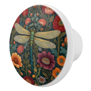 Elegant art nouveau Autumn floral Dragonfly Ceramic Knob