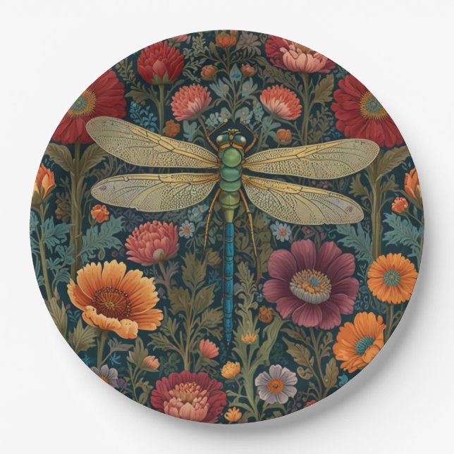 Elegant art nouveau Autumn floral Dragonfly Paper Plates (Front)