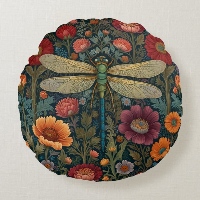 Elegant art nouveau Autumn floral Dragonfly Round Pillow (Front)