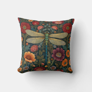Elegant art nouveau Autumn floral Dragonfly Throw Pillow
