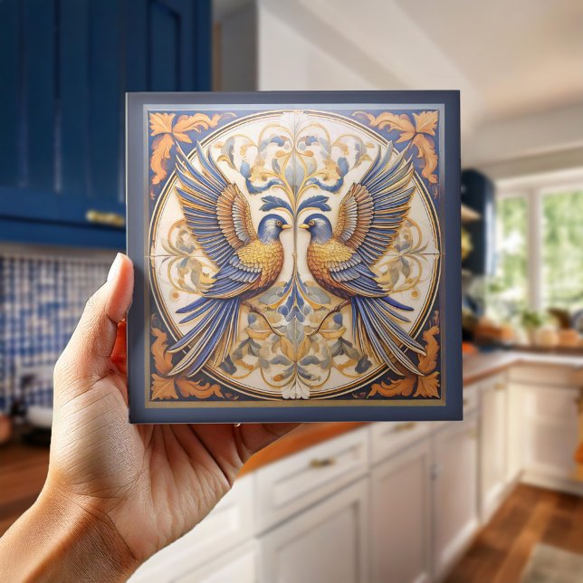 Elegant Art Nouveau Birds Pat#21 Blue Gold ID1078 Ceramic Tile (Creator Uploaded)