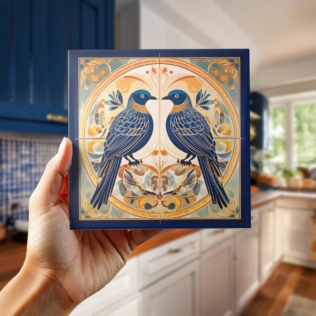 Elegant Art Nouveau Birds Pat#22 Blue Peach ID1078 Ceramic Tile (Creator Uploaded)