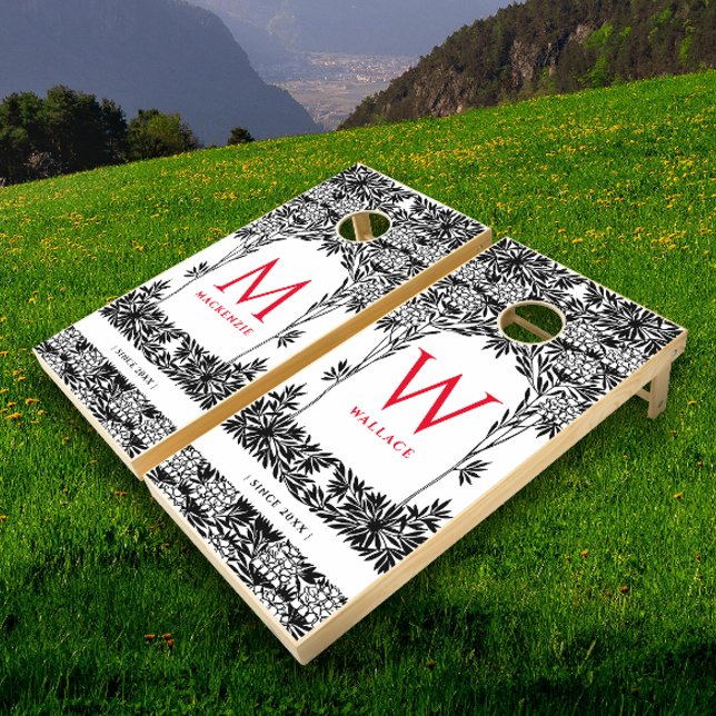 Elegant Art Nouveau Black And White Red Monogram  Cornhole Set (Creator Uploaded)