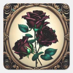 Elegant Art Nouveau Black Red Rose Design Square Sticker