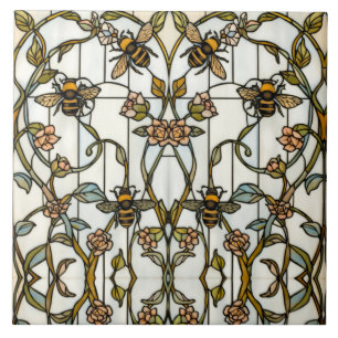 Elegant art nouveau botanical  bee stain glass ceramic tile