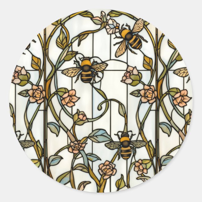 Elegant art nouveau botanical  bee stain glass classic round sticker (Front)