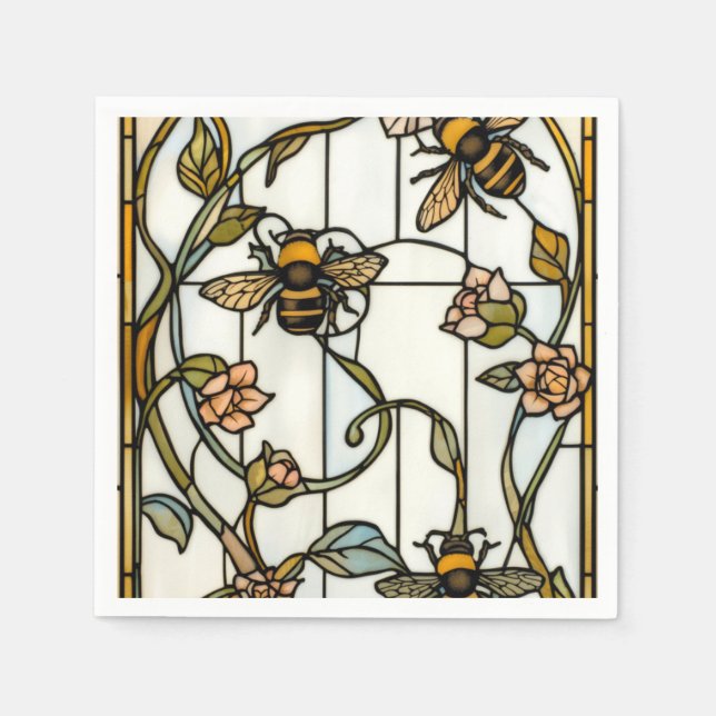 Elegant art nouveau botanical  bee stain glass napkins (Front)