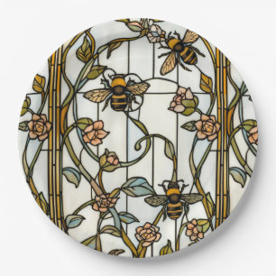 Elegant art nouveau botanical bee stain glass paper plates