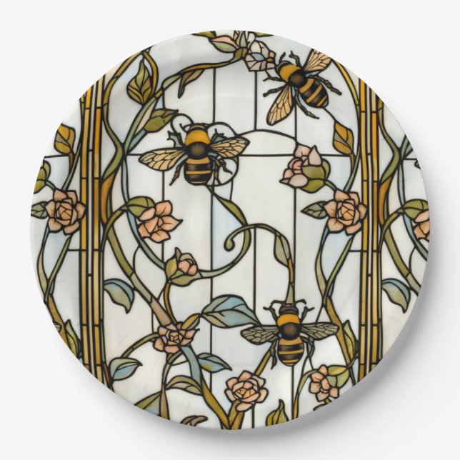 Elegant art nouveau botanical  bee stain glass paper plates (Front)
