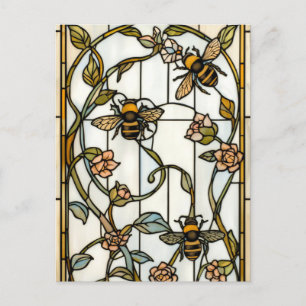 Elegant art nouveau botanical bee stain glass postcard