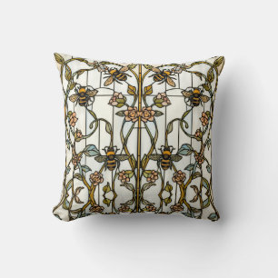 Elegant art nouveau botanical bee stain glass throw pillow
