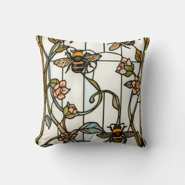 Elegant art nouveau botanical  bee stain glass throw pillow (Front)