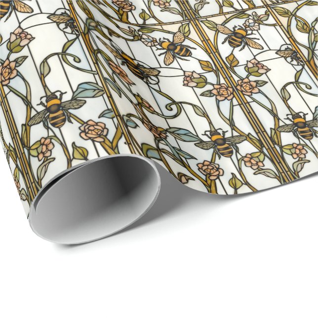 Elegant art nouveau botanical  bee stain glass wrapping paper (Roll Corner)