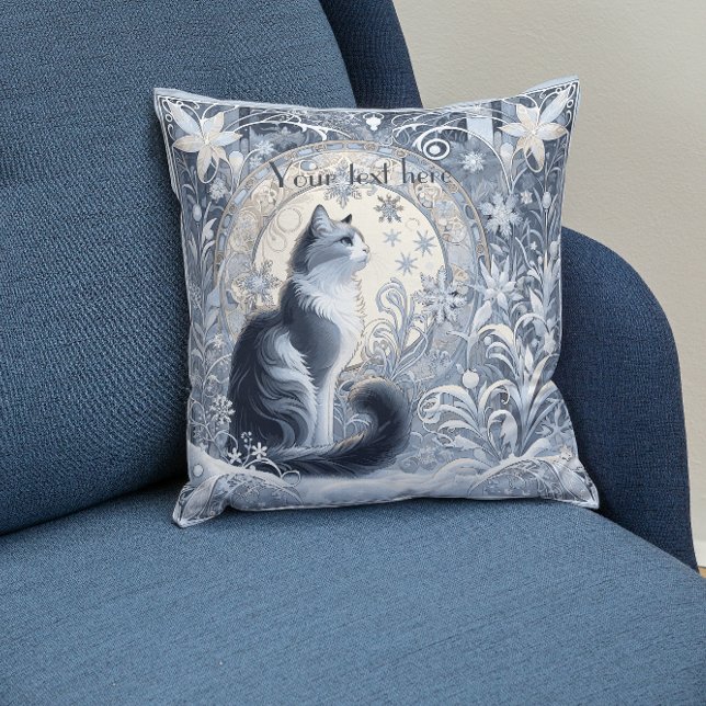 Elegant Art Nouveau Cat Design Customizable Throw Pillow (Personalizable wintery cat pillow)
