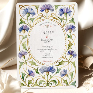 Elegant Art Nouveau Cornflower Gold Wedding Invitation
