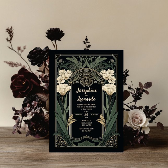 Elegant Art Nouveau Dark Floral Wedding Invitation (Creator Uploaded)