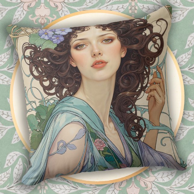 Elegant Art Nouveau Dark Haired Woman Throw Pillow (Creator Uploaded)
