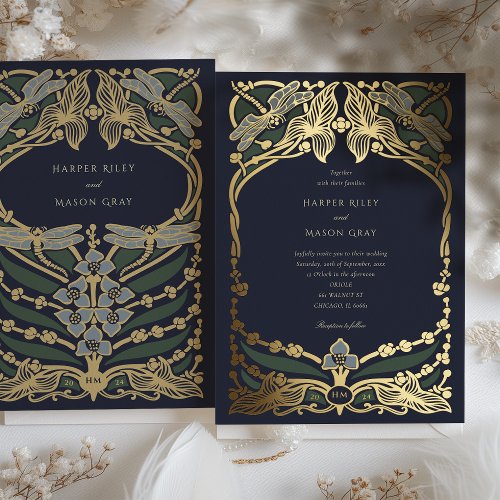 Elegant Art Nouveau Dragonfly Wedding Invitation Foil Invitation