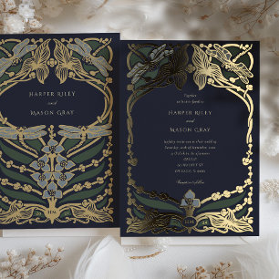 Elegant Art Nouveau Dragonfly Wedding Invitation Foil Invitation