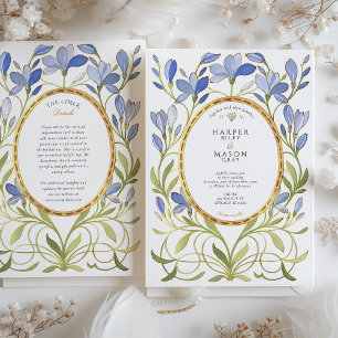 Elegant Art Nouveau Dusty Blue & Gold Wedding Invitation