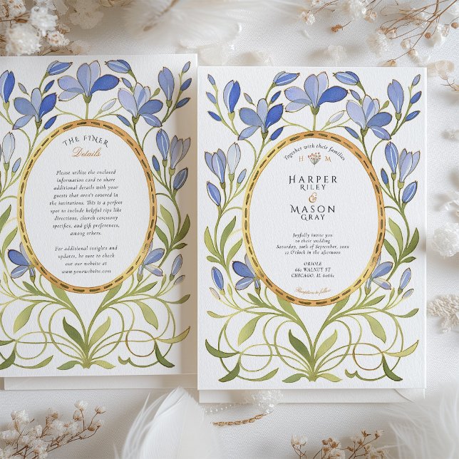 Elegant Art Nouveau Dusty Blue & Gold Wedding Invitation (Creator Uploaded)