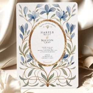 Elegant Art Nouveau Dusty Blue & Gold Wedding Invitation
