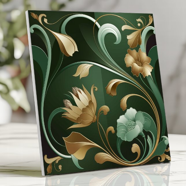 Elegant Art Nouveau Floral Emerald and Gold Ceramic Tile (Creator Uploaded)