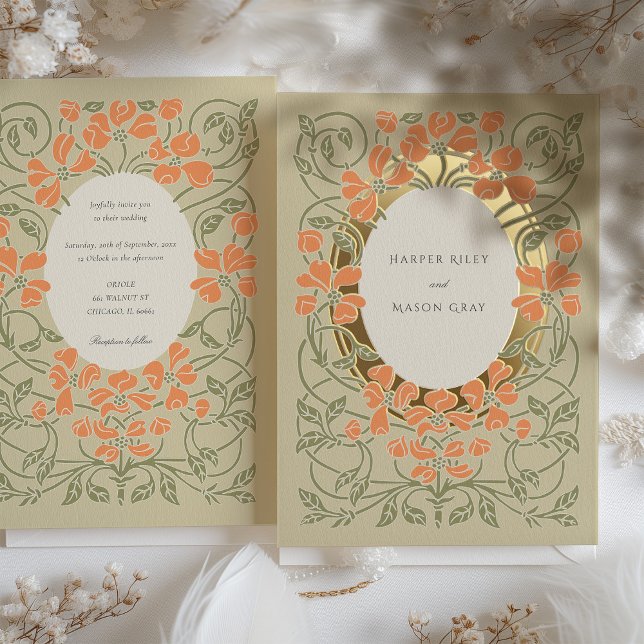 Elegant Art Nouveau Floral Salmon Green Wedding Foil Invitation (Creator Uploaded)