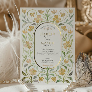 Elegant Art Nouveau Floral Watercolor Gold Wedding Foil Invitation