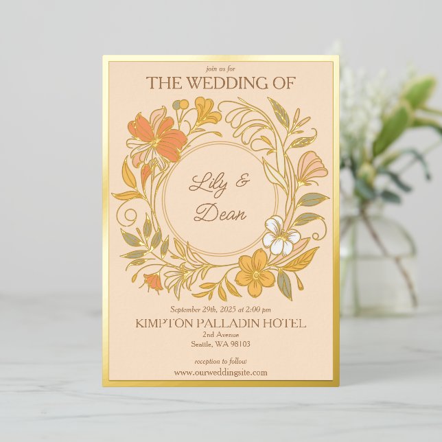 Elegant Art Nouveau Floral Wedding Foil Invitation (Standing Front)