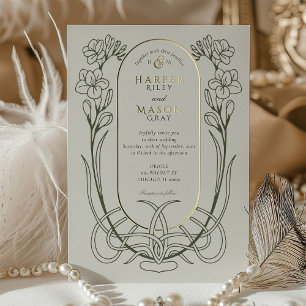 Elegant Art Nouveau Freesia Line Art Wedding Foil Invitation