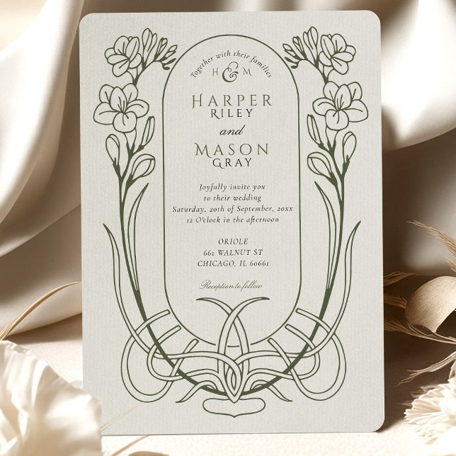 Elegant Art Nouveau Freesia Line Art Wedding Invitation (Creator Uploaded)