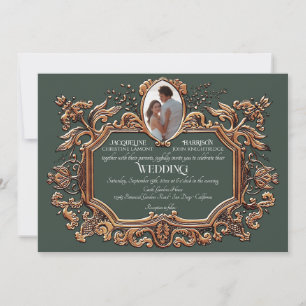 Elegant Art Nouveau Gold and Green Photo Wedding Invitation