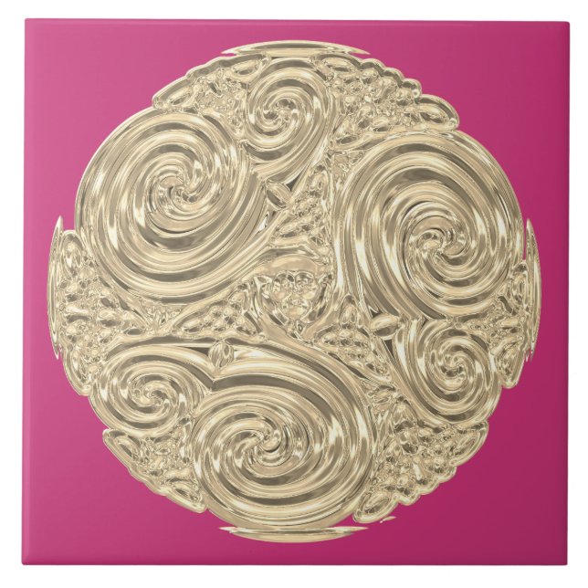 Elegant art nouveau gold fuschia pink medallion ceramic tile (Front)