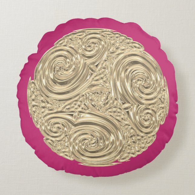 Elegant art nouveau gold fuschia pink medallion round pillow (Front)