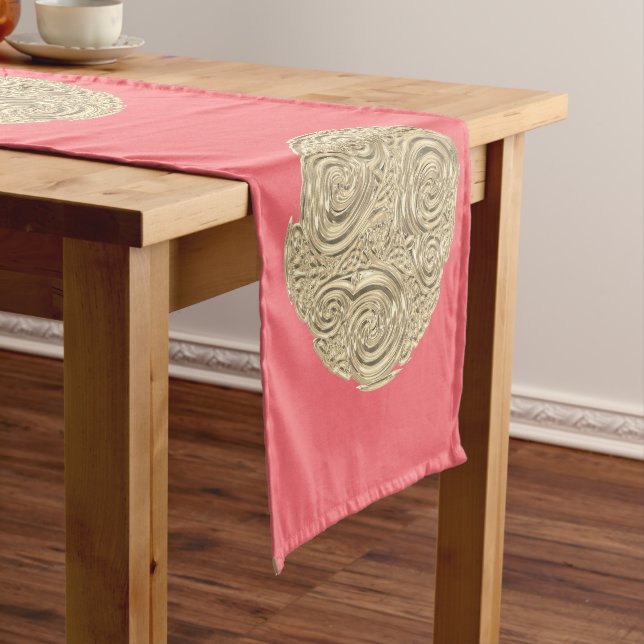 Elegant art nouveau gold peach metallic look short table runner (In Situ)