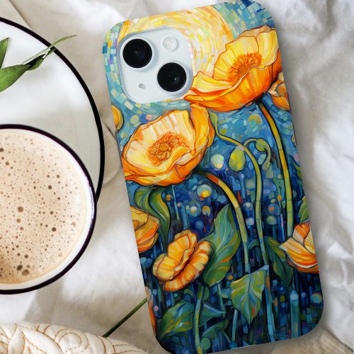 Elegant Art Nouveau Golden Yellow Poppy Mosaic iPhone 15 Case