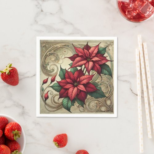 Elegant Art Nouveau Holiday Poinsettia Découpage Napkins