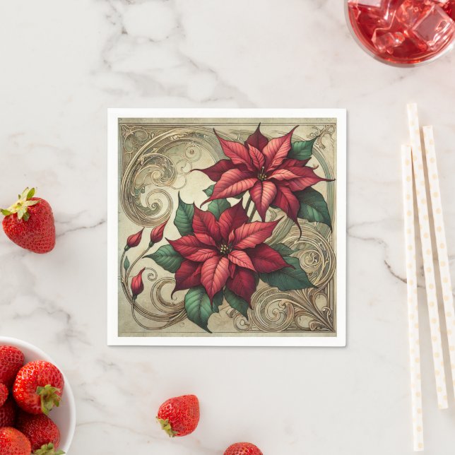 Elegant Art Nouveau Holiday Poinsettia Découpage Napkins (Insitu)