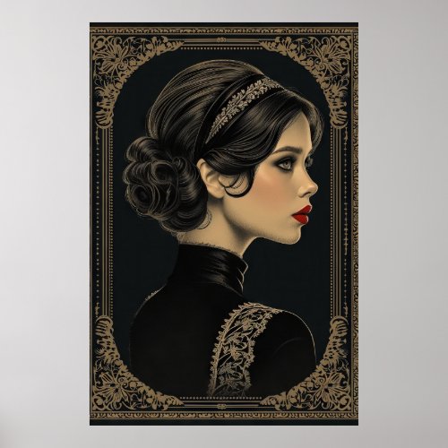 Elegant Art Nouveau Lady Profile in Sepia Poster