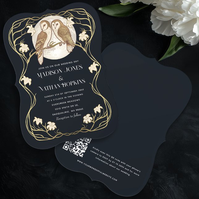  Elegant Art Nouveau Owls QR Code Wedding Invitation (Creator Uploaded)