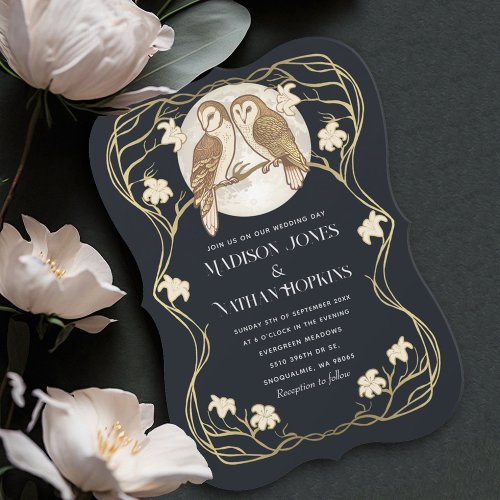  Elegant Art Nouveau Owls Wedding Invitation