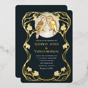 Elegant Art Nouveau Owls Wedding Invitation Foil Invitation