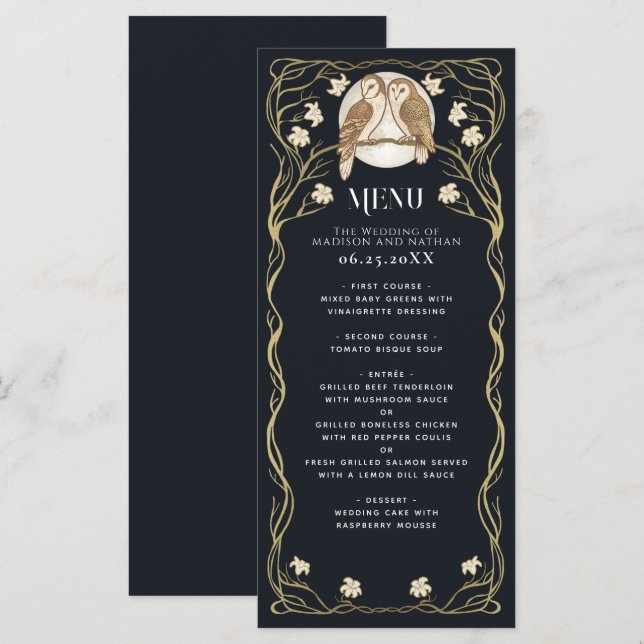Elegant Art Nouveau Owls Wedding  Menu (Front/Back)