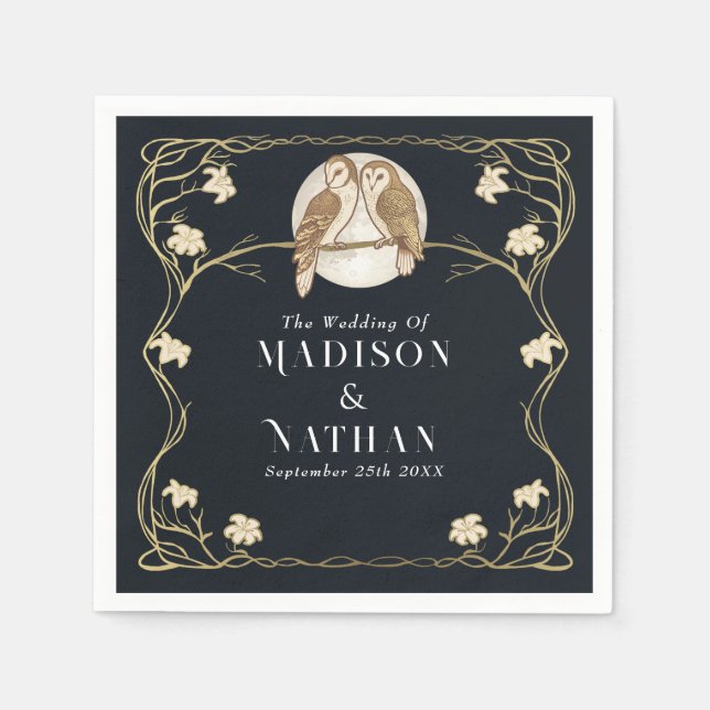 Elegant Art Nouveau Owls Wedding Napkins (Front)
