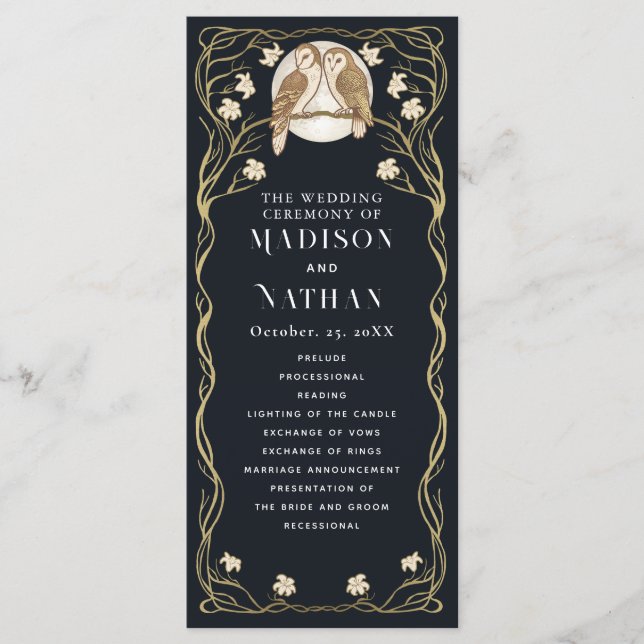 Elegant Art Nouveau Owls Wedding Program (Front)