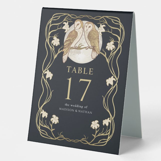 Elegant Art Nouveau Owls Wedding Table Tent (Front)