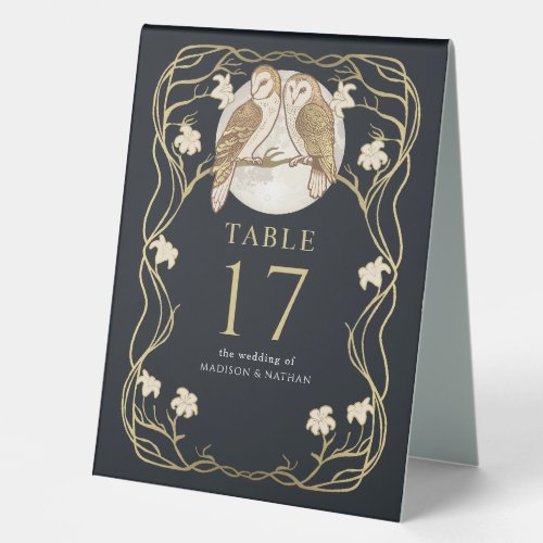 Elegant Art Nouveau Owls Wedding Table Tent Sign